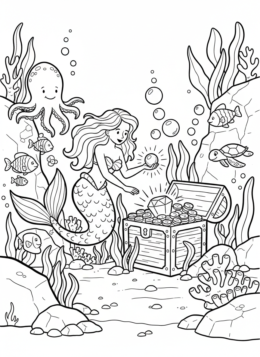 A mermaid discovering a glowing treasure chest among seaweed and bubbles, with curious sea creatures swimming nearby