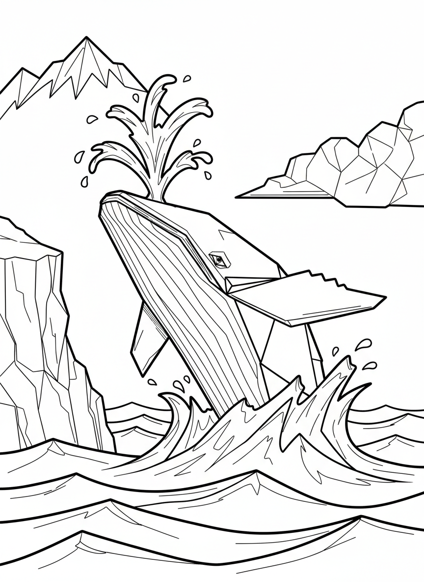 An origami humpback whale with distinctive folded tail flukes raised above water, showing paper fold lines and angular body shape