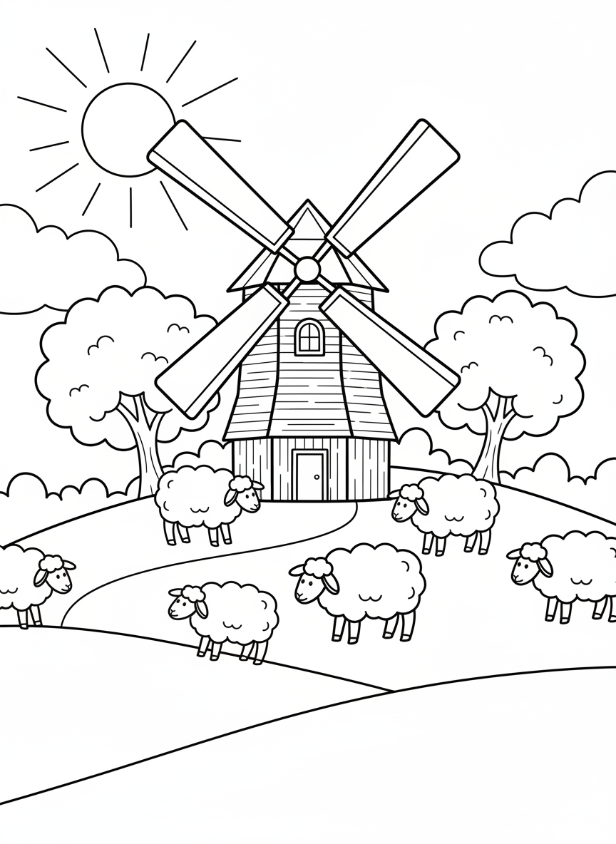 A simple windmill on a small hill surrounded by grazing sheep and a few trees, perfect for younger children to color.