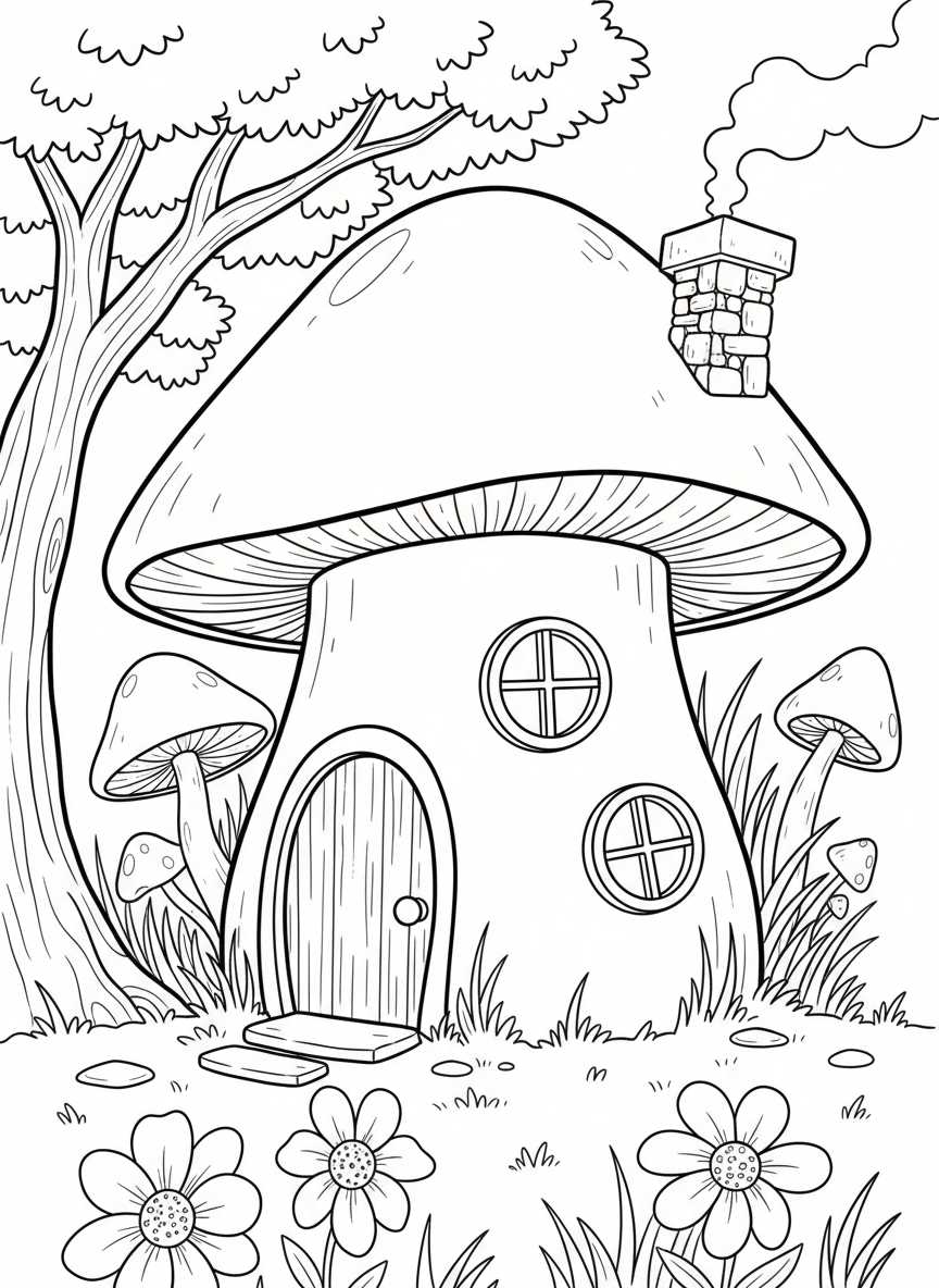A whimsical mushroom house with a round door, windows, and a chimney, surrounded by small flowers and grass, simple line art for coloring