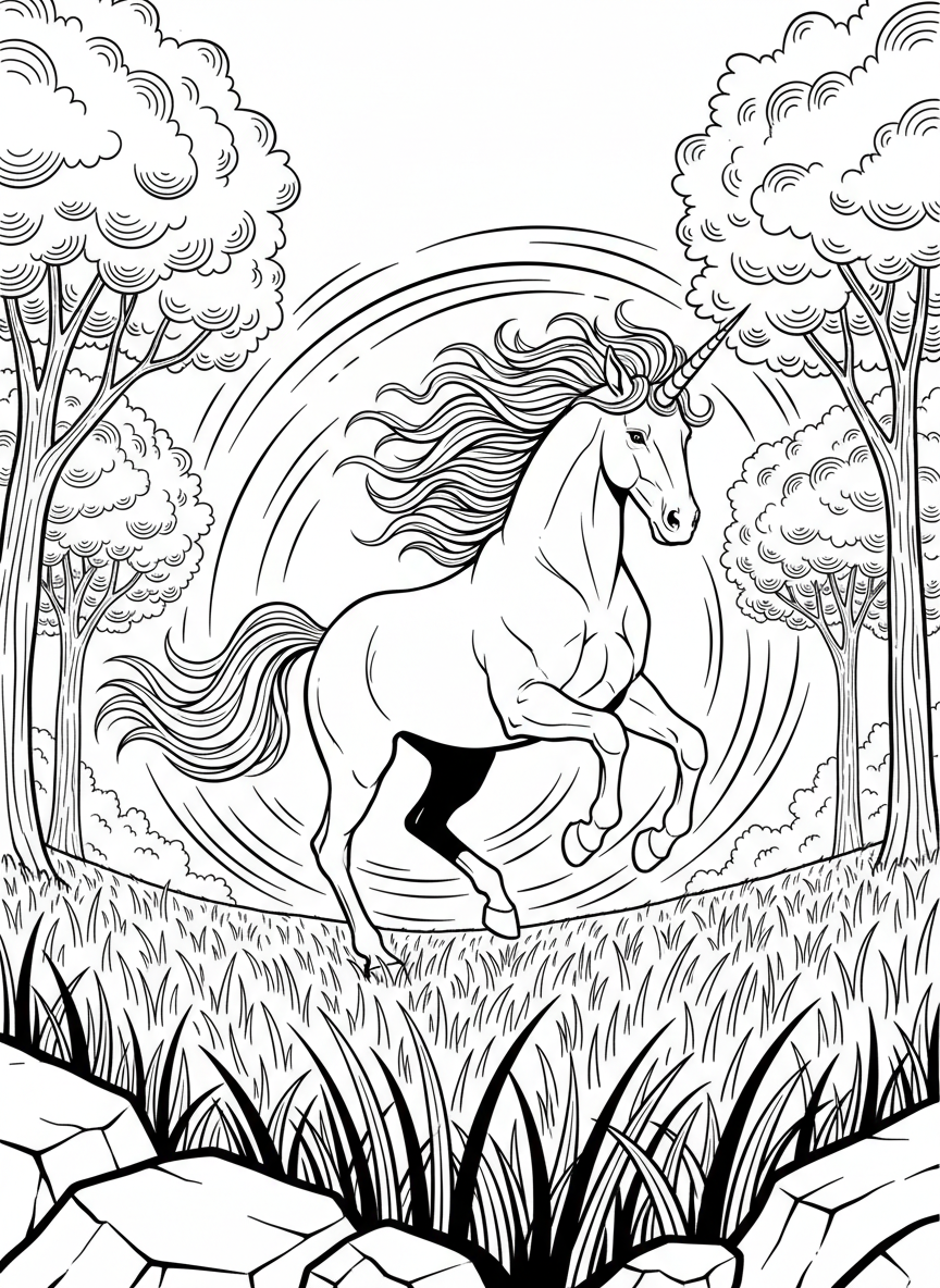 A unicorn galloping through a field with its mane and tail flowing behind, motion lines and grass details