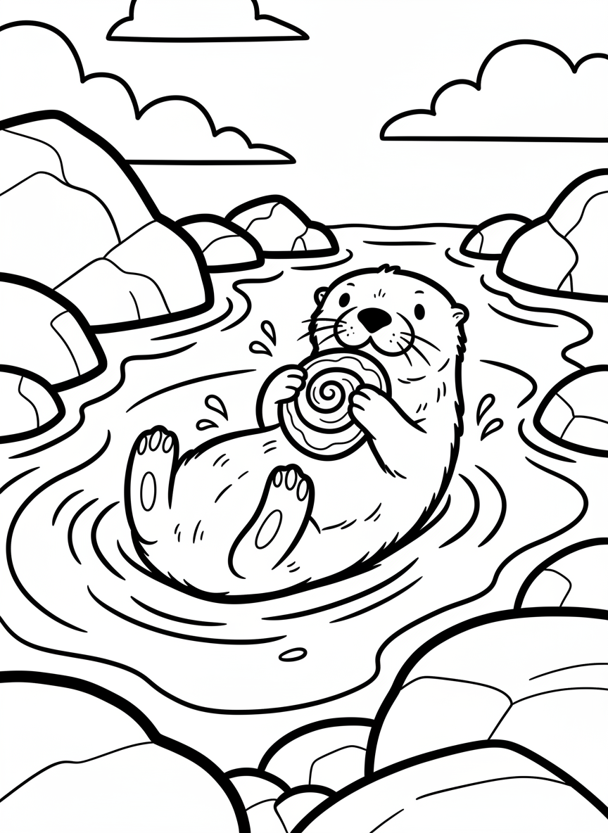 A playful sea otter floating on its back in a large tide pool, holding a shell, with rocks surrounding the water.