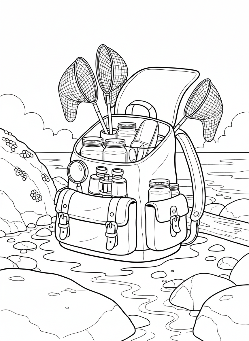 A tide pool explorer's backpack open to reveal organized compartments with nets, jars, and observation tools inside.