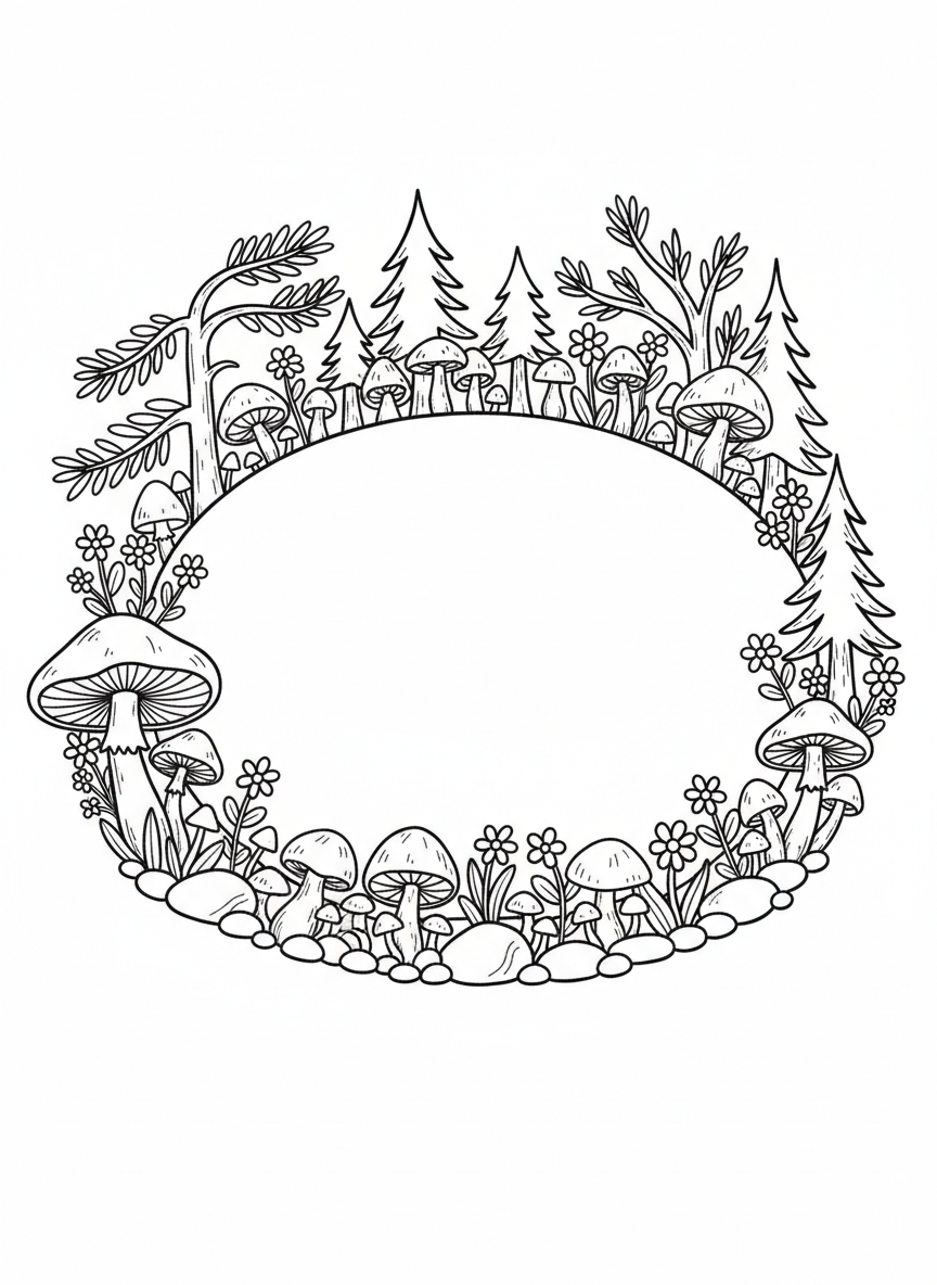 An oval gift tag design with a woodland scene border showing pine trees, mushrooms, and small flowers around a blank center