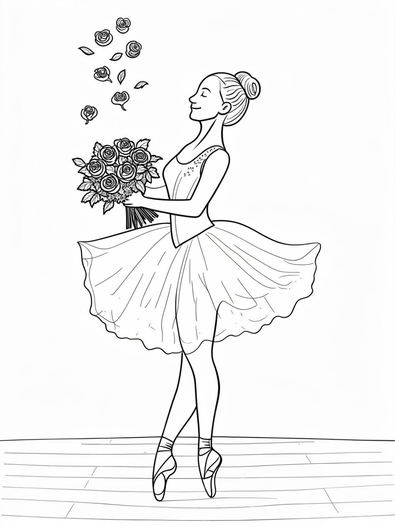Recital Bow: A dancer on stage holding a bouquet of roses, bowing to the audience as flowers are thrown onto the stage.