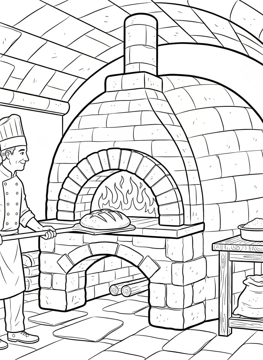 A large brick oven with flames inside, and a baker using a long paddle to pull out a loaf of bread