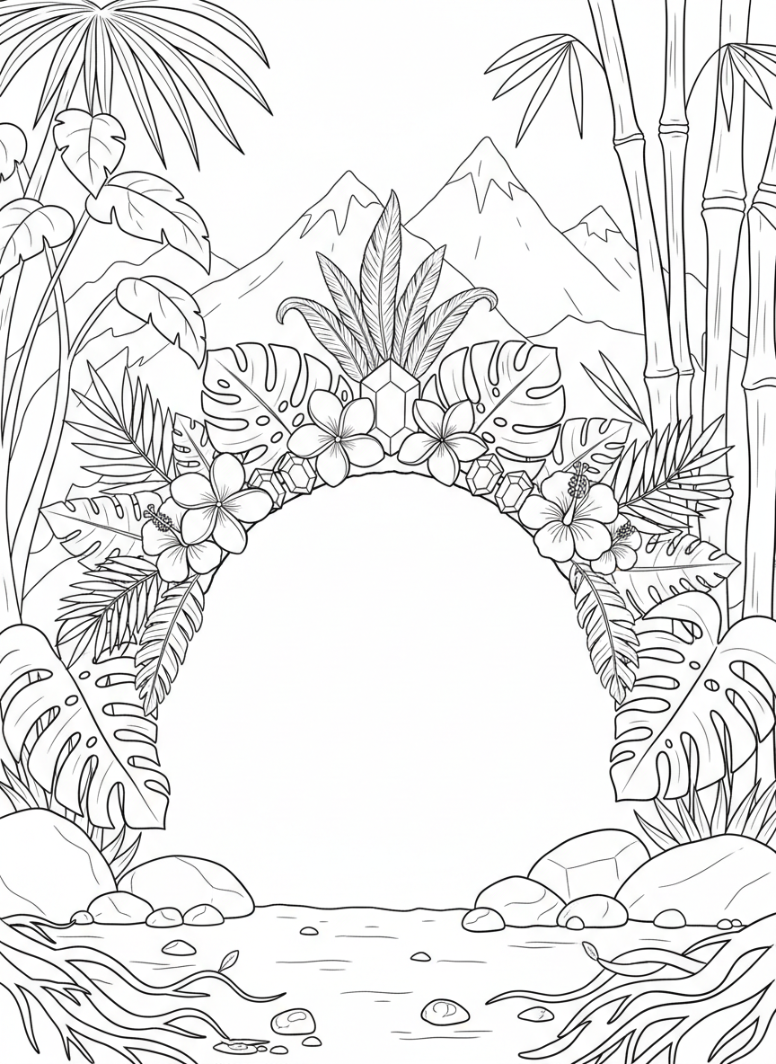 A carnival crown or tiara design featuring tropical leaves, flowers, gems, and small feathers arranged in an arc shape.