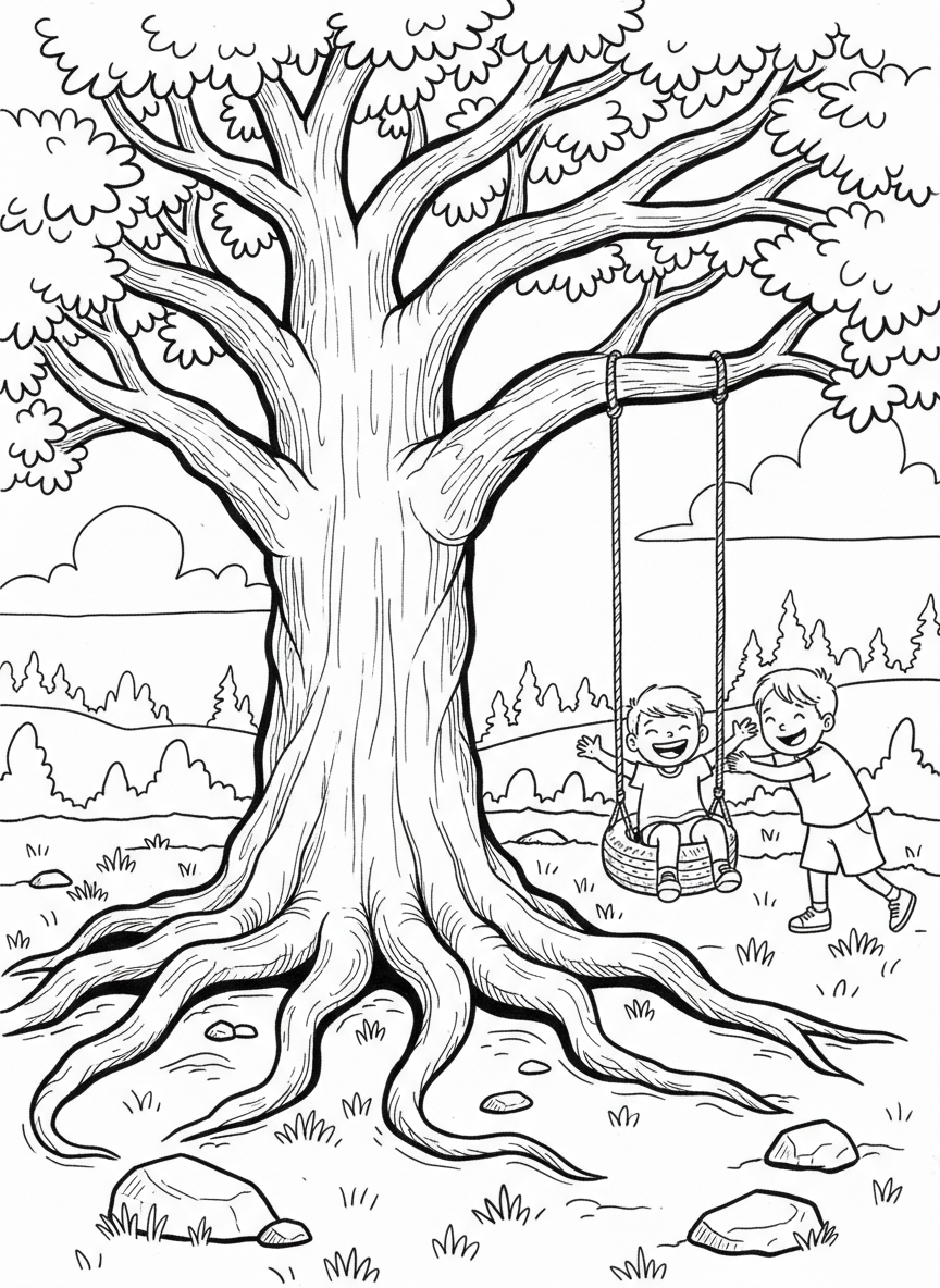 A large oak tree with strong roots visible above ground, children playing on a tire swing, symbol of strength and growth