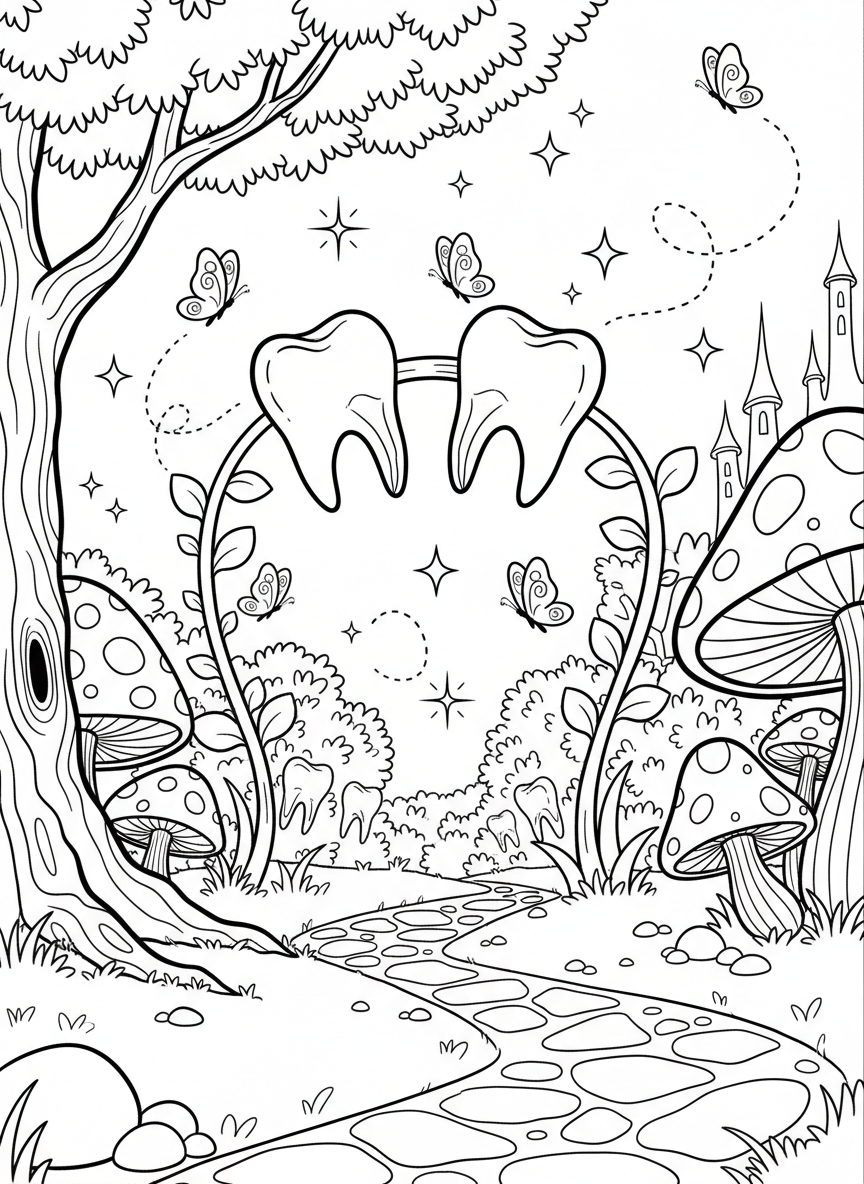 A magical tooth fairy garden with flowers shaped like teeth and mushrooms, butterflies and sparkles everywhere