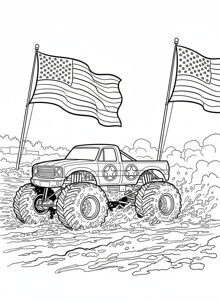 A monster truck with patriotic star decorations driving through a muddy field, American flags waving on poles nearby.