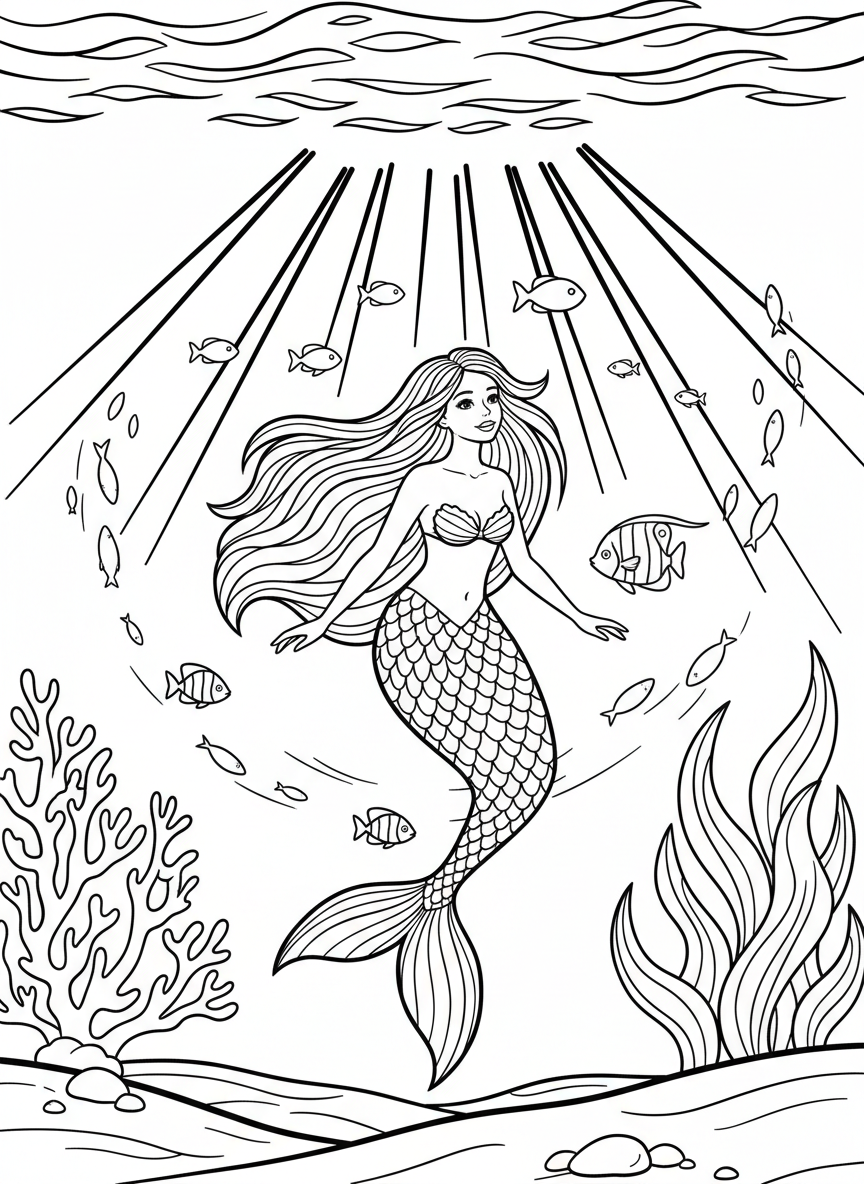 A mermaid swimming upward toward the surface with rays of sunlight beaming down through the water and fish below