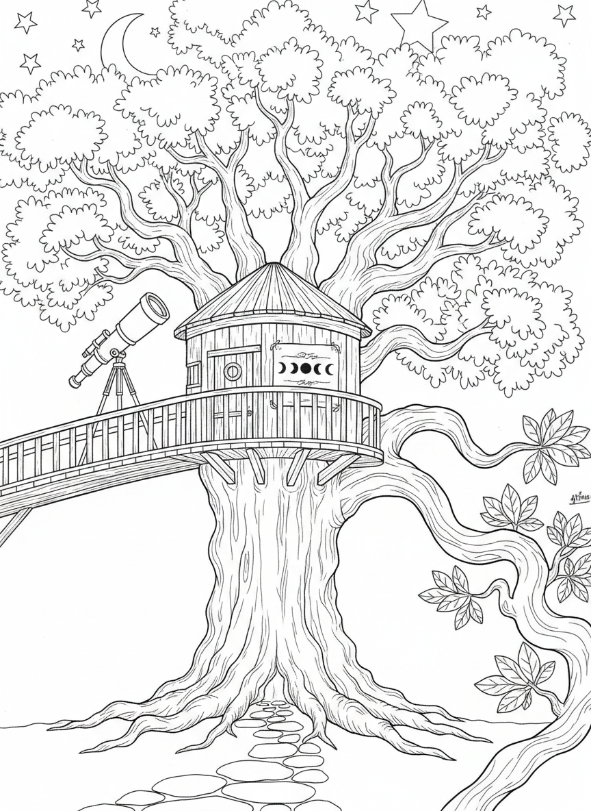 A treehouse built high in an oak tree with a balcony perfect for stargazing, featuring a telescope and moon phases poster.