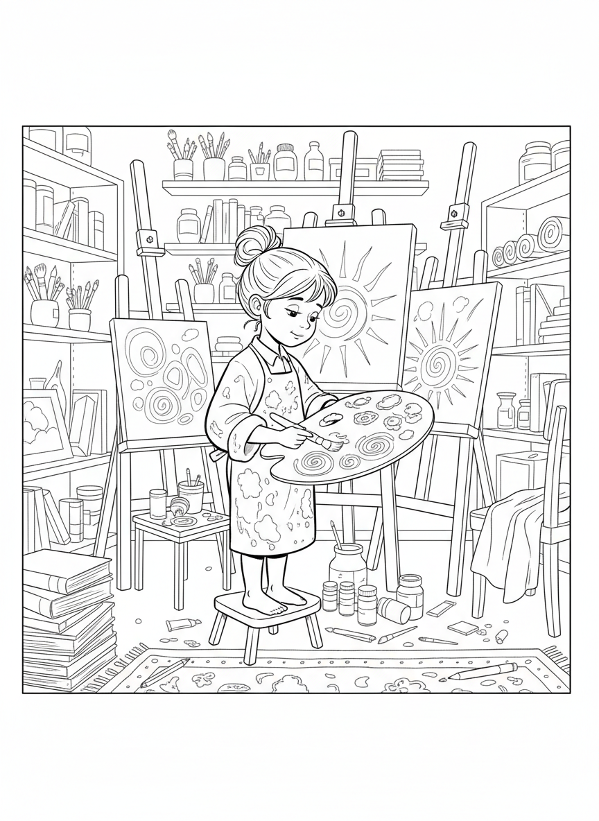 An art studio scene with multiple easels, paint supplies on shelves, and a child mixing colors on a palette.
