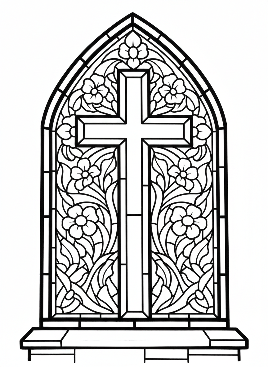 A detailed stained glass window design featuring a cross with geometric patterns and flowers