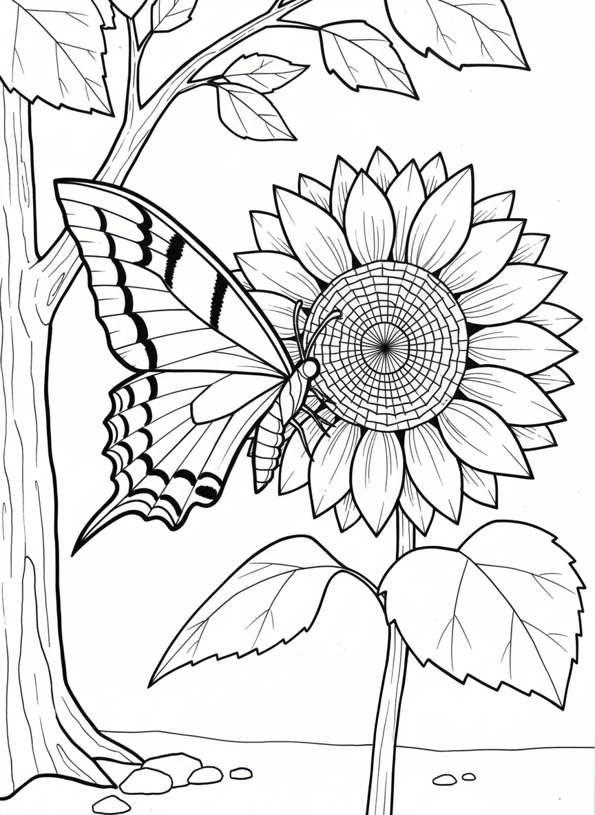 An origami swallowtail butterfly with pointed wing tips and striped patterns, hovering near a sunflower