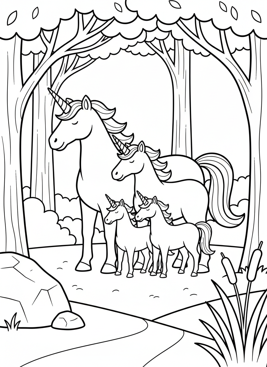 Three unicorns of different sizes standing together as a family, parent and foals in a simple composition