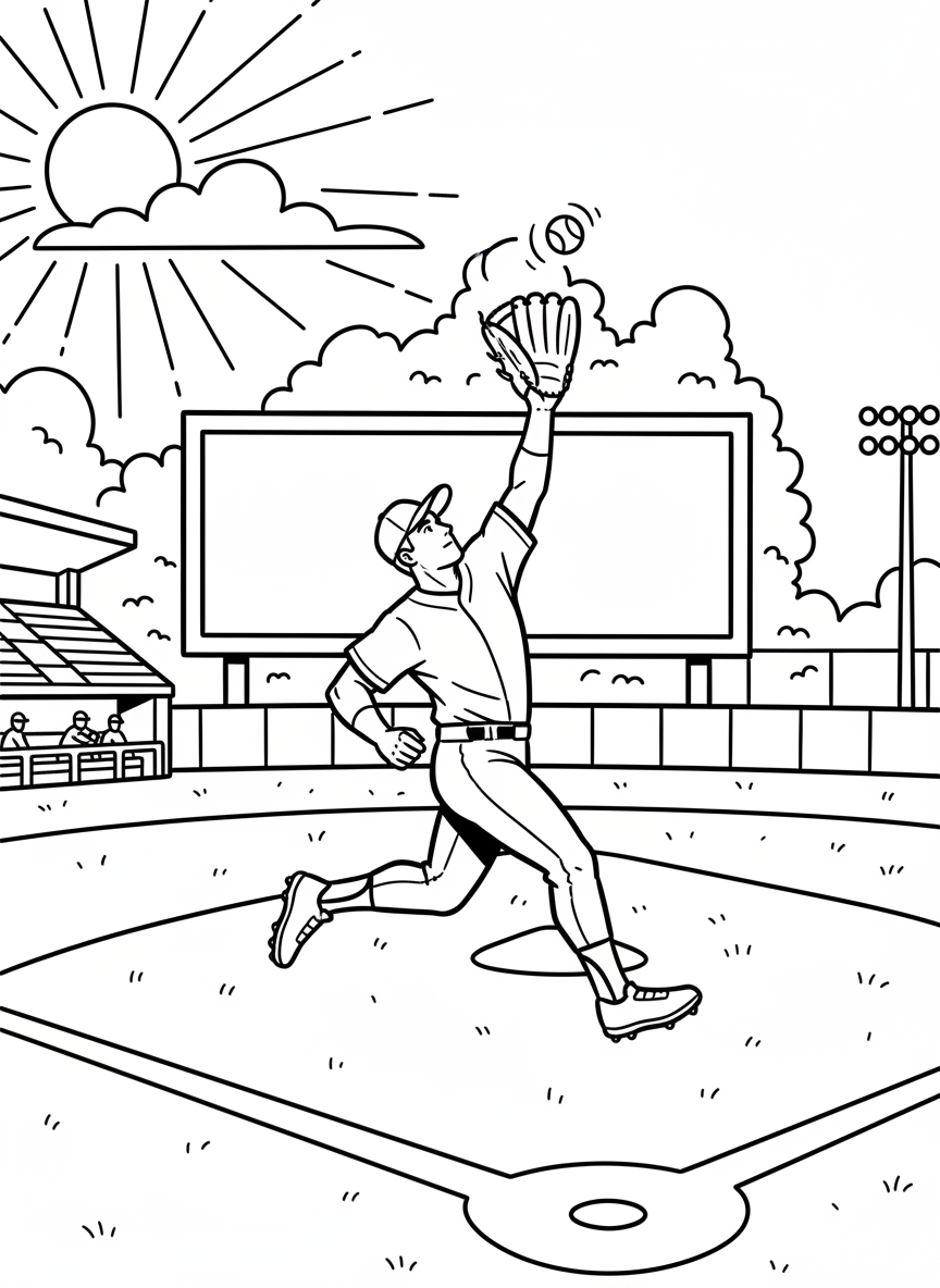 A young outfielder running with glove extended high in the air, trying to catch a fly ball under a sunny sky.