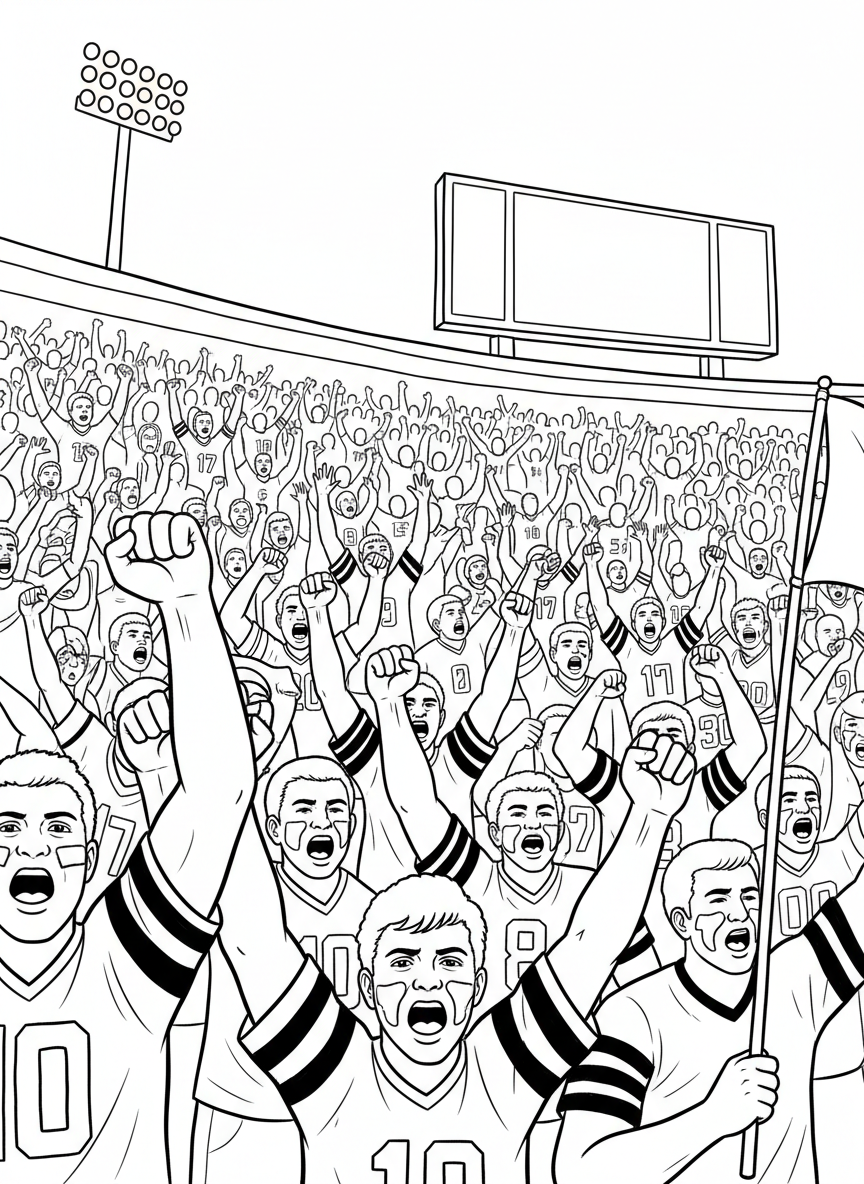 Fans in stadium seats wearing team jerseys and face paint, cheering with their arms raised in excitement.