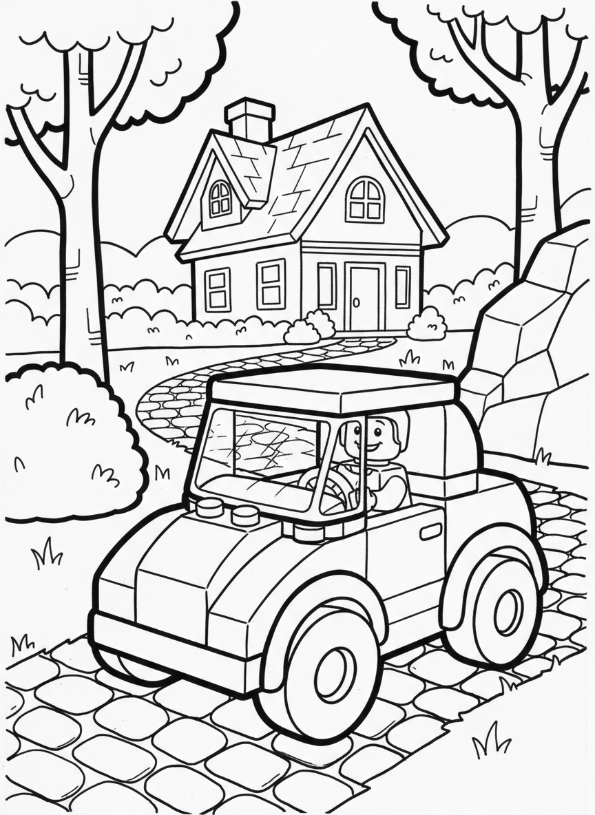 A simple toy brick car with round wheels, windshield, and a minifigure driver visible inside, easy for younger kids.