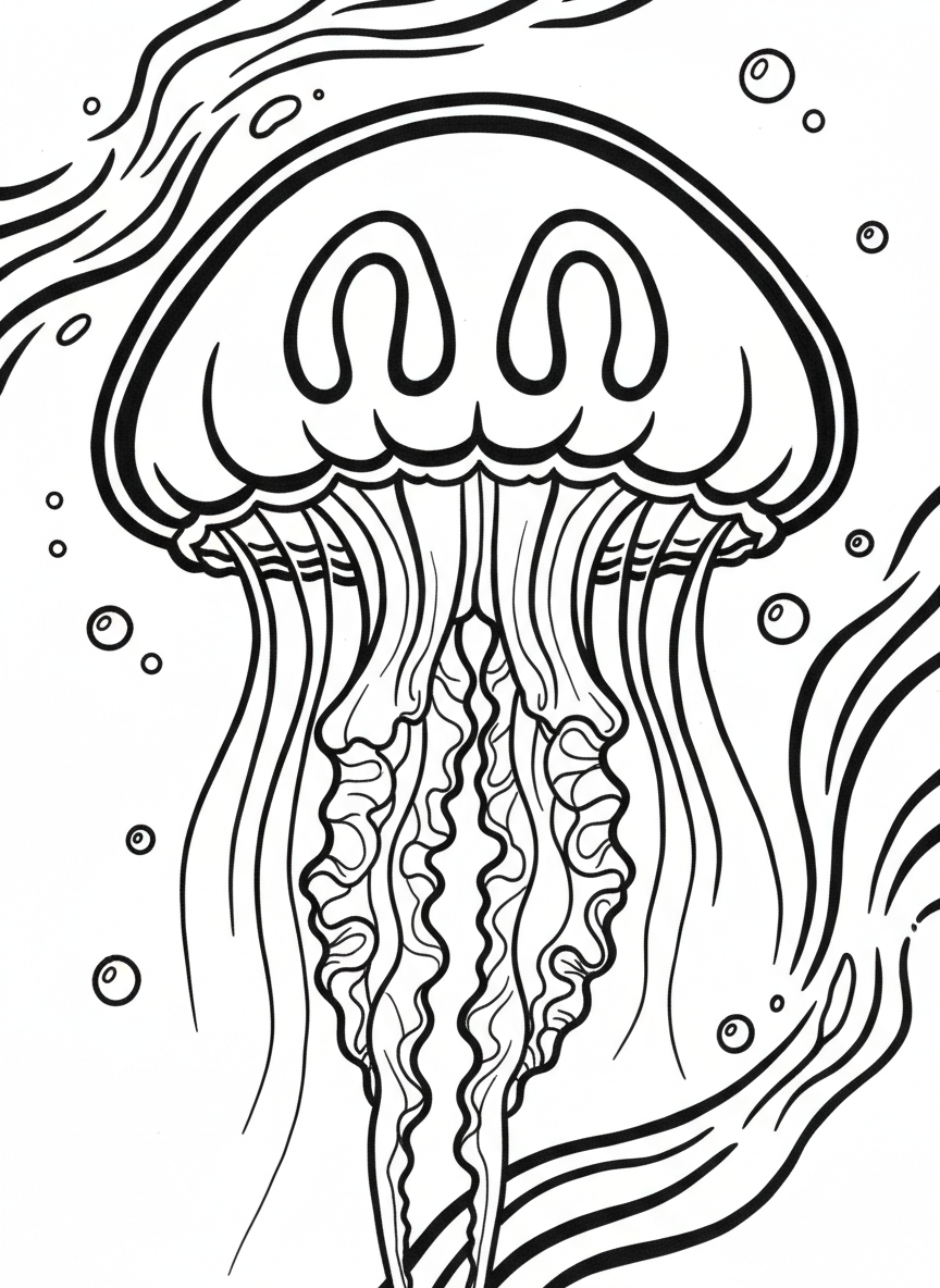 A graceful moon jellyfish viewed from below, showing its four horseshoe-shaped gonads and delicate frilly oral arms in a symmetrical pattern.