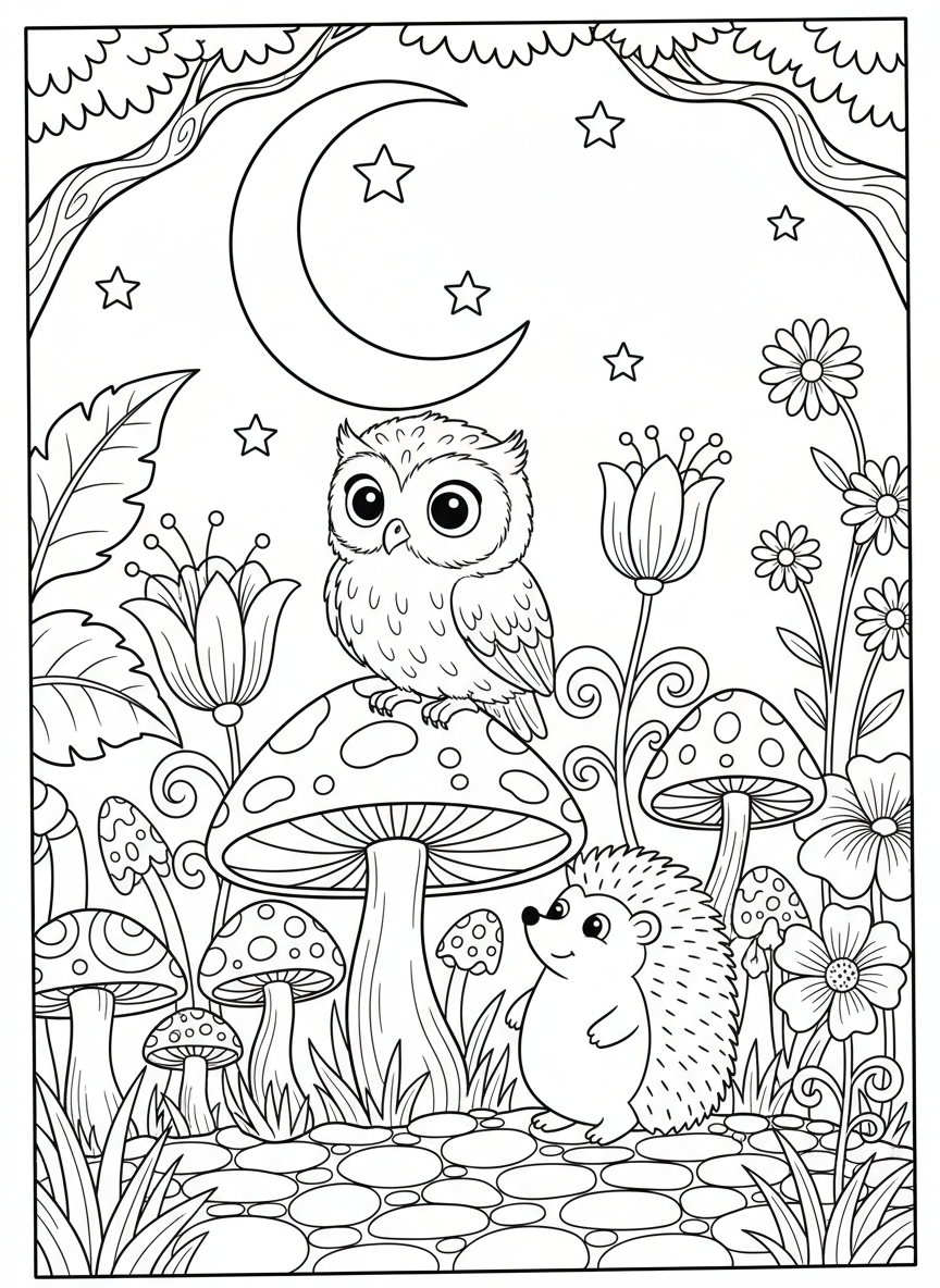 A little owl exploring a garden at night, surrounded by mushrooms, flowers, and a friendly hedgehog