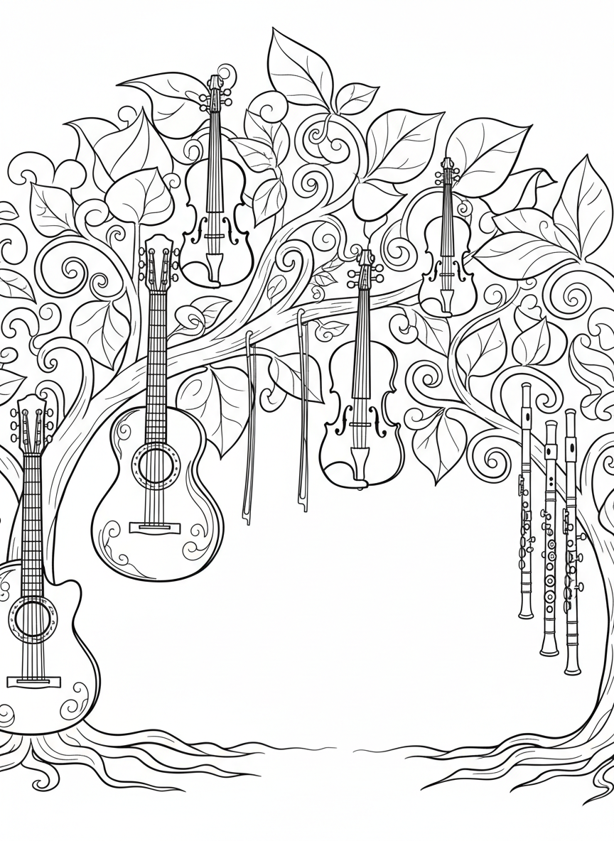 A whimsical tree with musical instruments growing as fruit: guitars, violins, and flutes hanging from branches with leaves.
