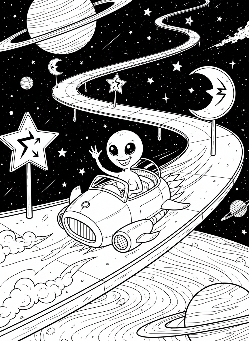 A friendly alien driving a rocket car on a winding space highway with road signs shaped like stars and moons