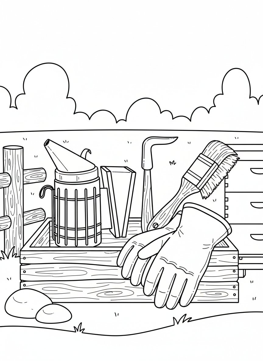 A beekeeper's tool kit laid out including smoker, hive tool, brush, and gloves, educational equipment display.