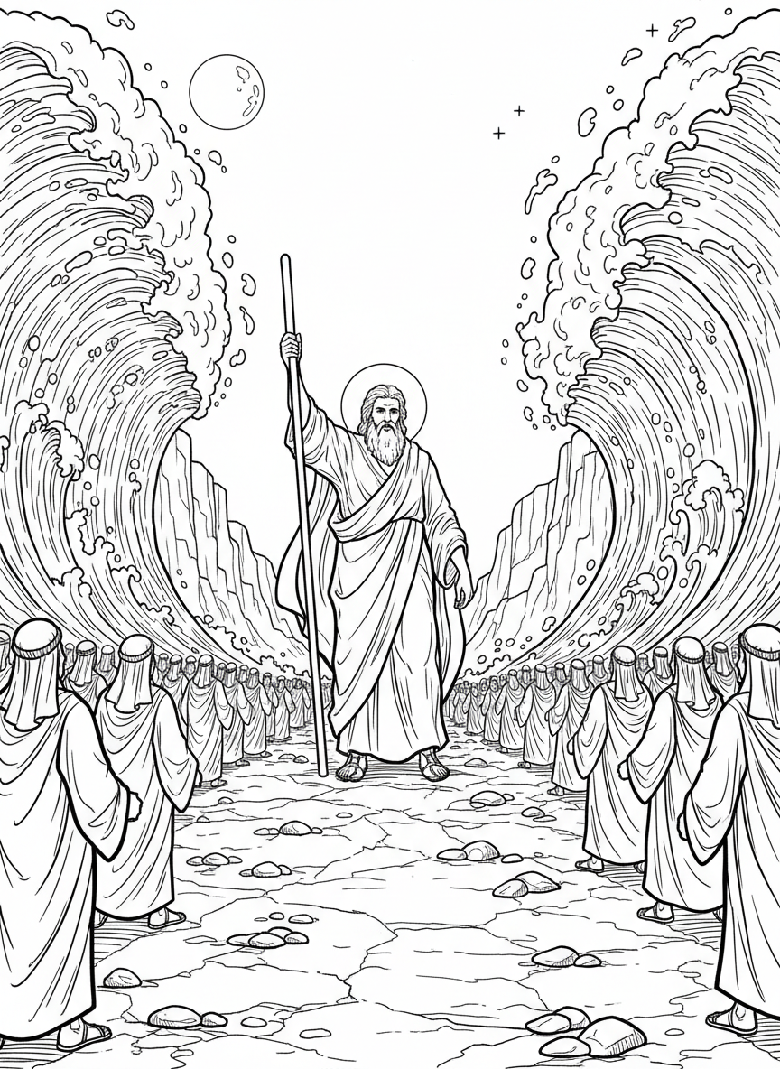 Moses parting the Red Sea with his staff raised, walls of water on both sides and people walking through