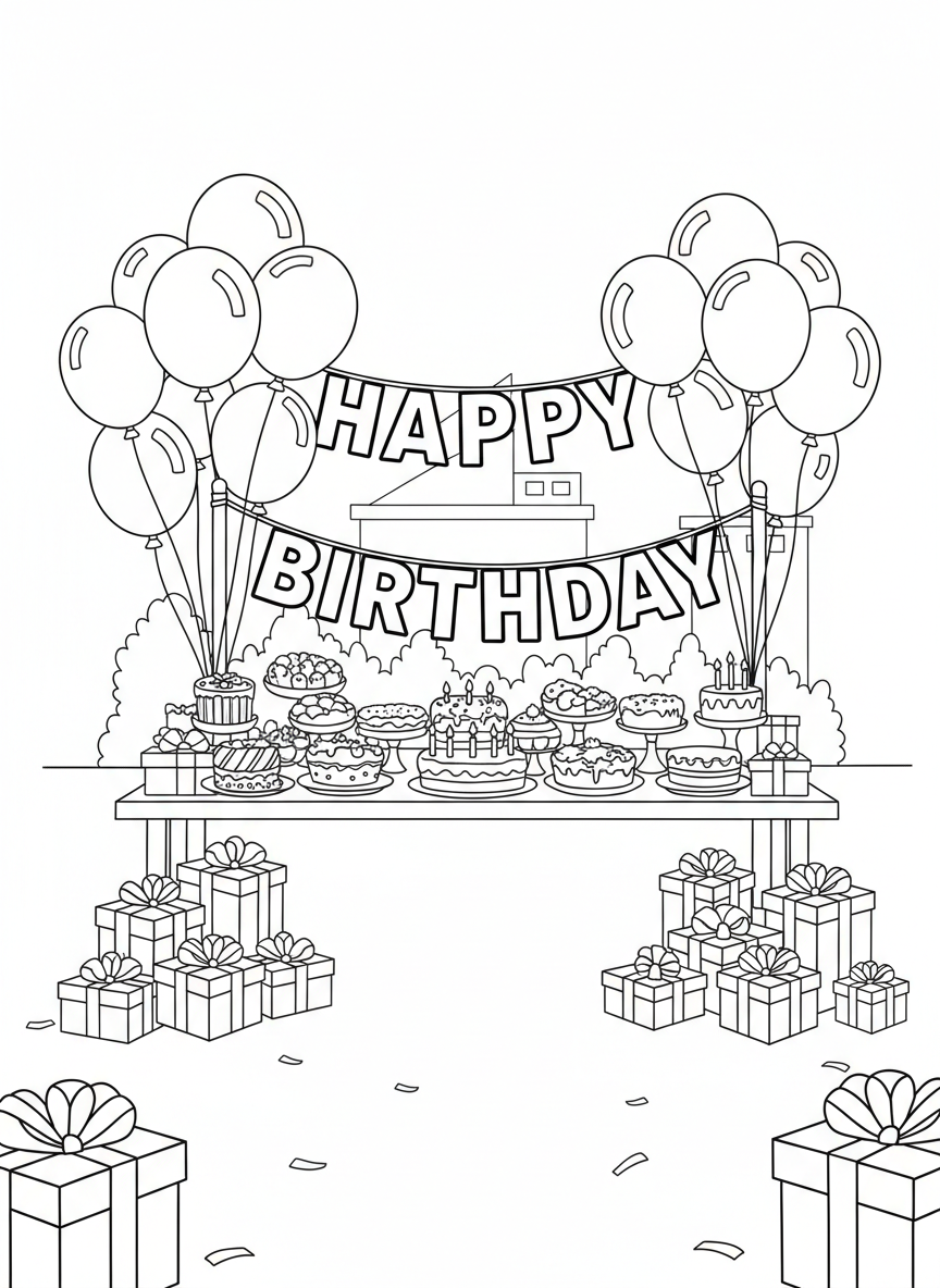A wide birthday party scene with a table full of treats, balloons, presents, and a banner that says Happy Birthday.