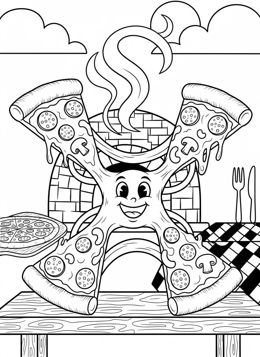 A smiling mozzarella cheese character stretching between two pizza slices being pulled apart