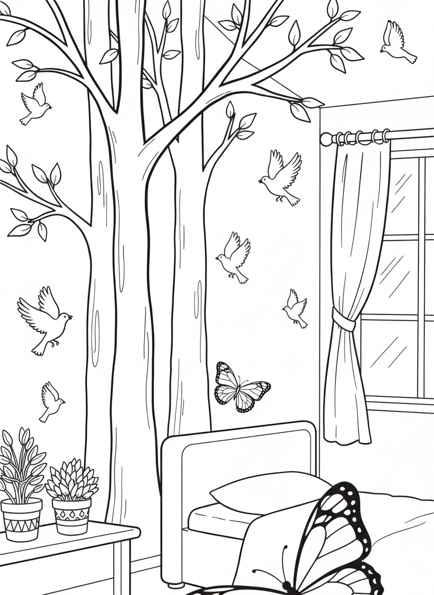A decorative wall with removable decals of trees, birds, and butterflies creating a nature-themed bedroom scene