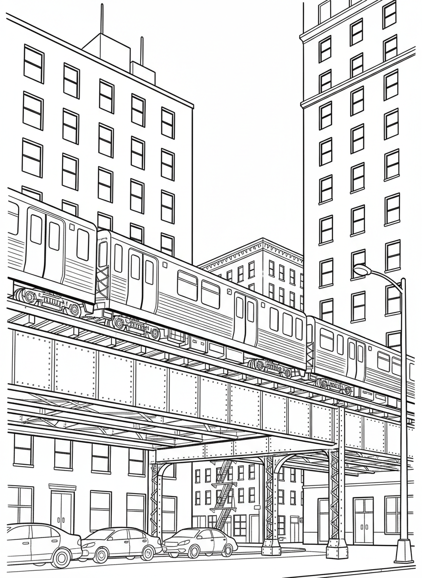 Chicago 'L' train on elevated tracks passing between buildings, simple train cars and track structure with city background
