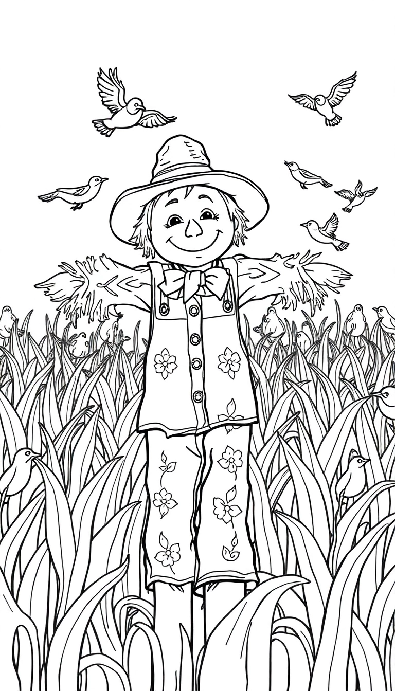  A smiling scarecrow standing in a corn field, with a flock of blackbirds flying around.
