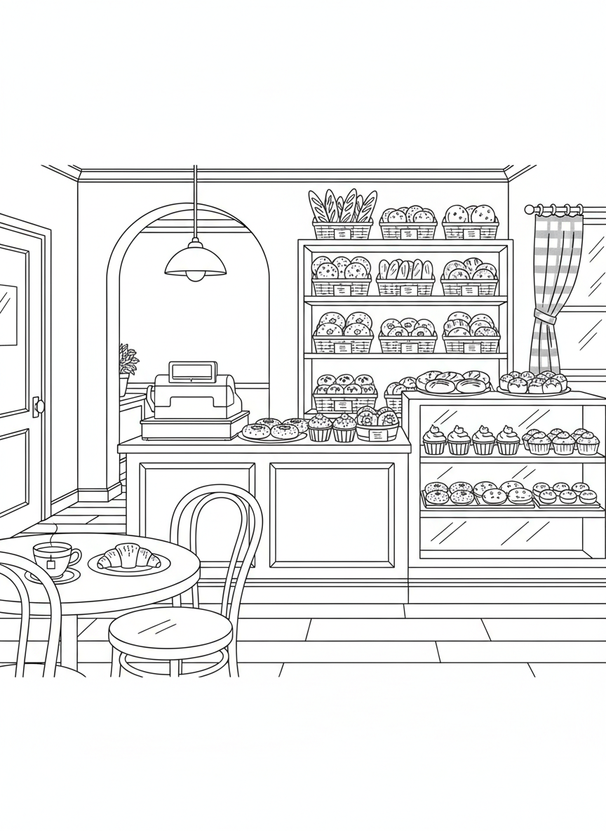 A cozy bakery interior with tables, chairs, a counter with a cash register, and shelves full of baked goods