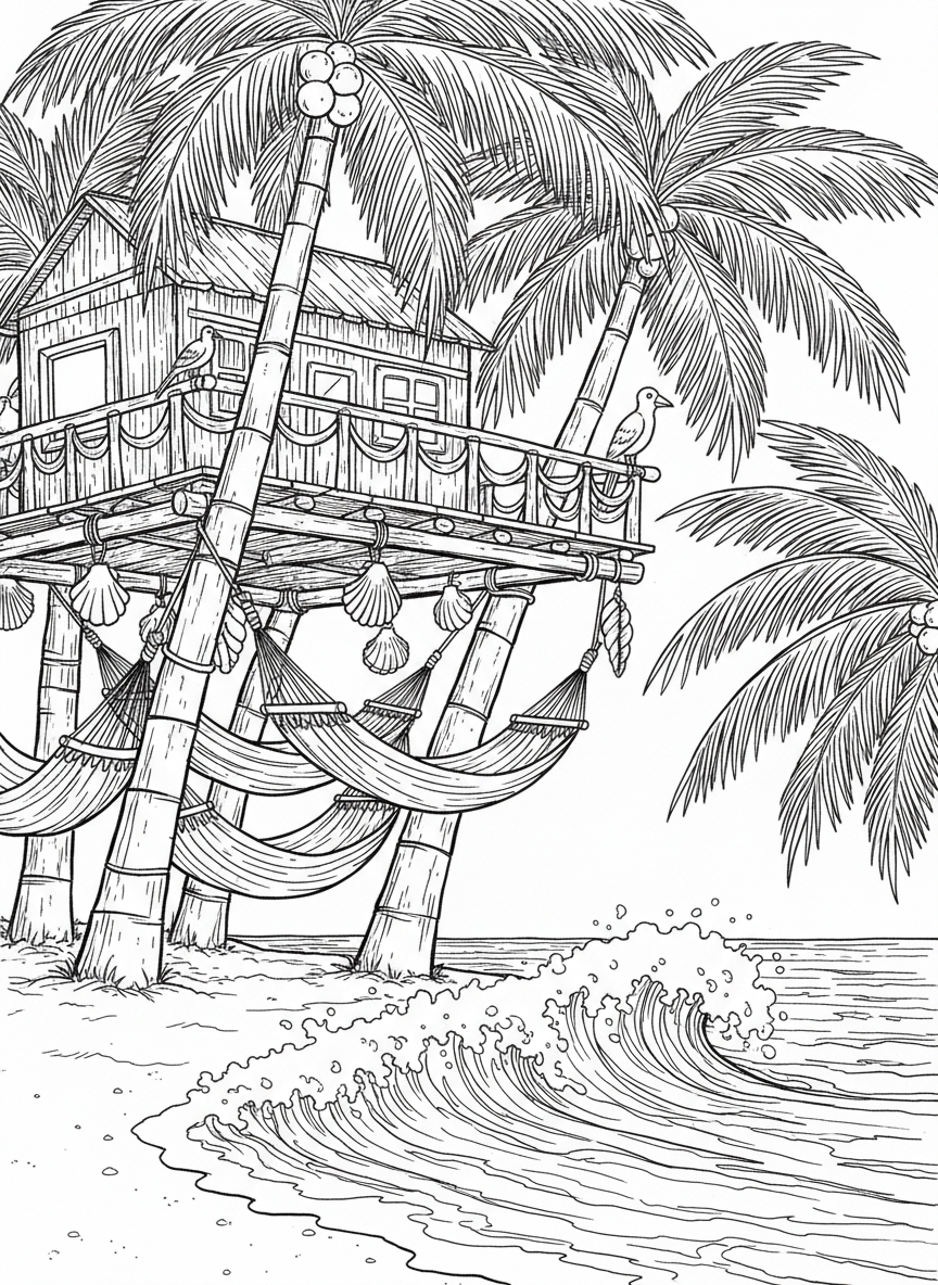 A Caribbean beach treehouse built in palm trees, with hammocks strung between branches, seashell decorations, and ocean waves visible in the distance.
