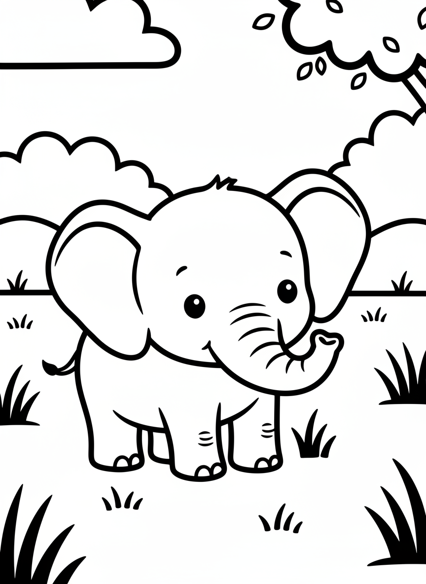 A friendly baby elephant with large ears and a curled trunk, standing in simple grass, Pottery Barn Kids style with clean outlines and gentle expression
