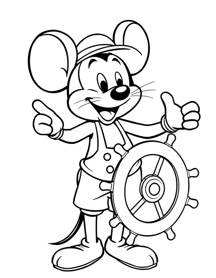 A cheerful cartoon mouse, in the style of micky mouse, in 1920s-style shorts and gloves, whistling while steering a ship’s wheel.