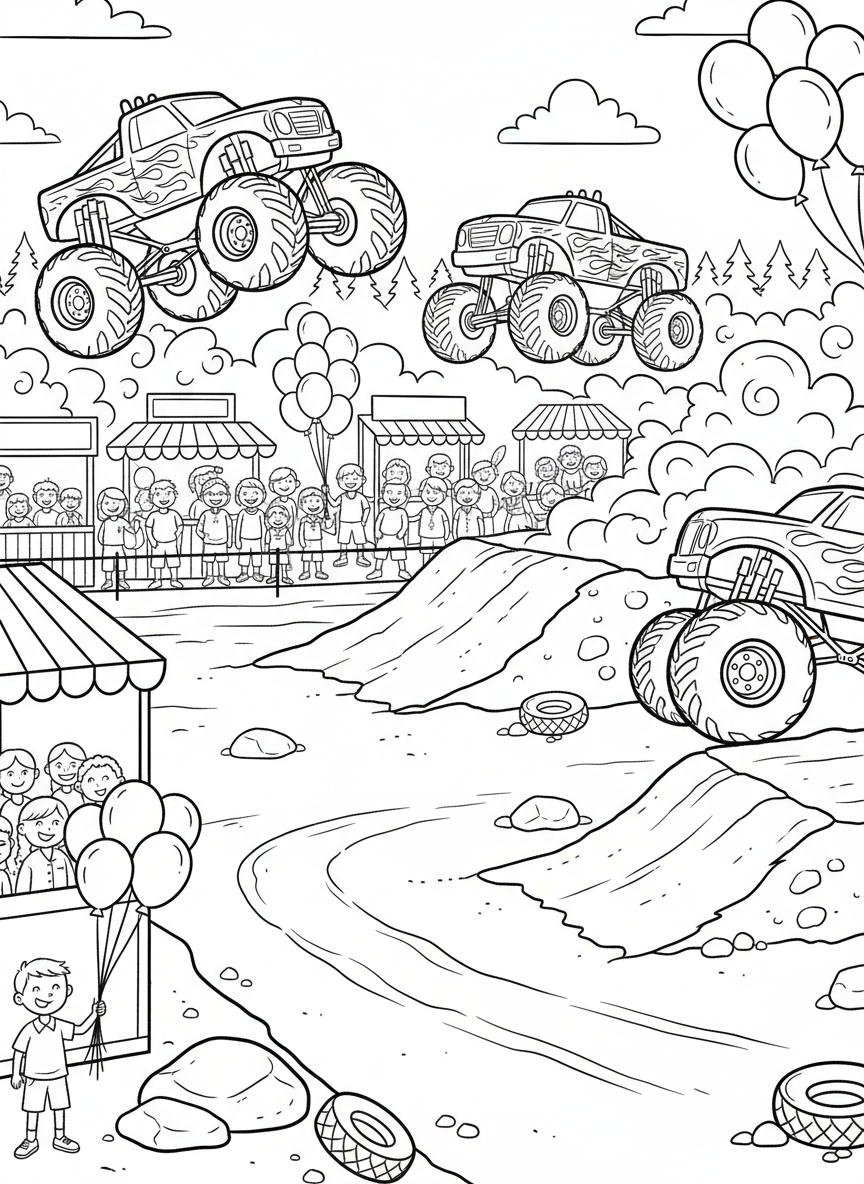 A family-friendly monster truck rally scene with multiple trucks, concession stands, and happy spectators with balloons.