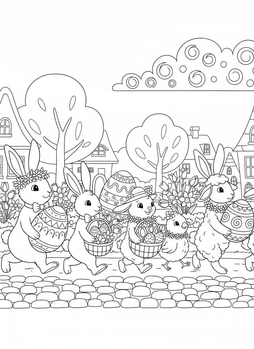 A whimsical Easter parade with bunnies, chicks, and lambs marching together carrying flowers and decorated eggs