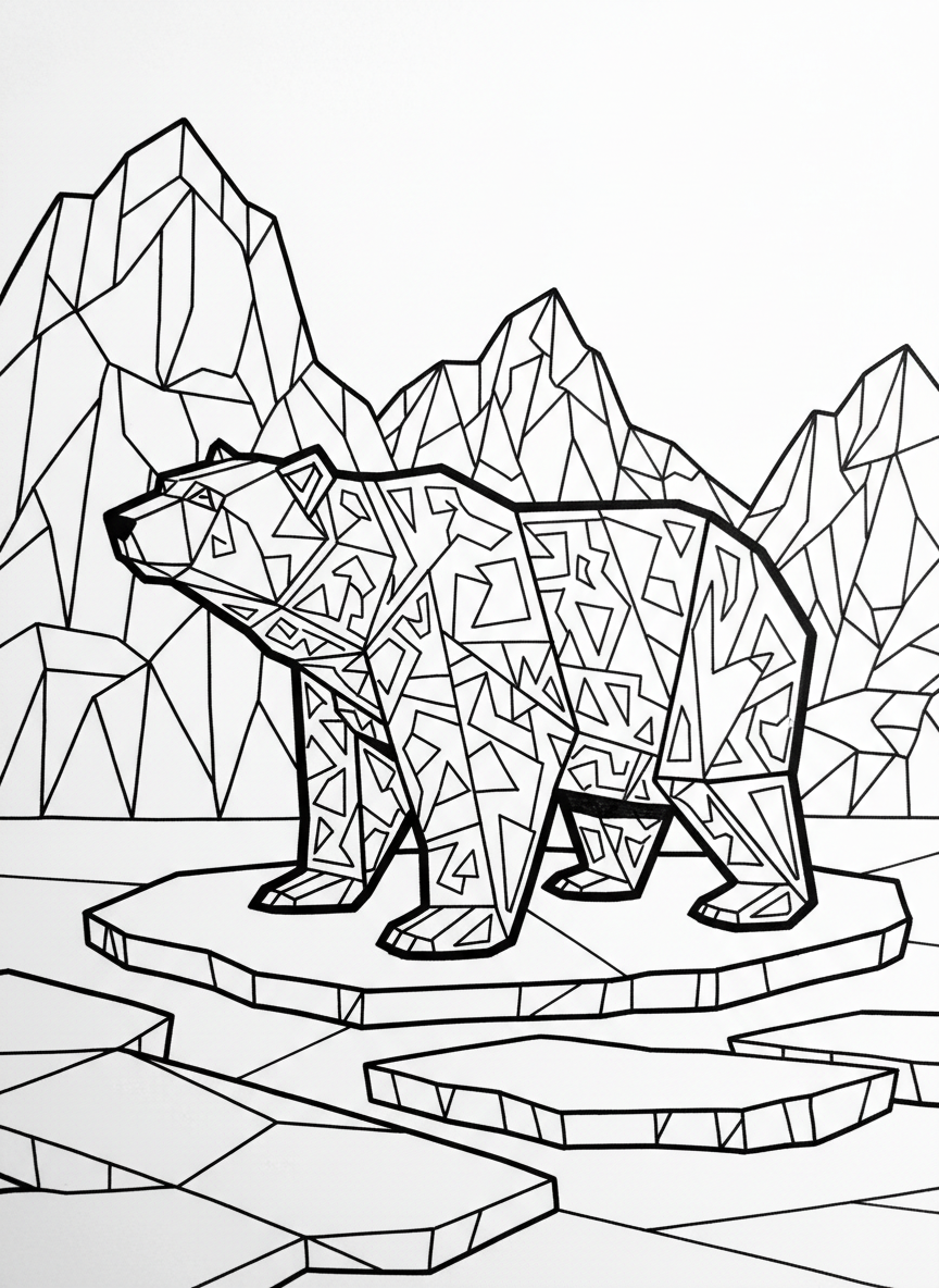 A complex origami polar bear with intricate paper-fold details, textured geometric fur patterns, advanced design for experienced colorers