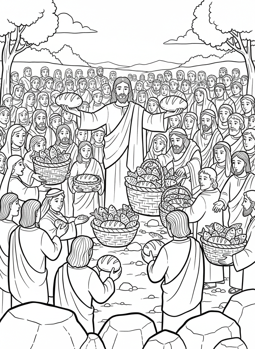 Jesus feeding the multitude with loaves and fishes, showing baskets of bread and fish with a crowd
