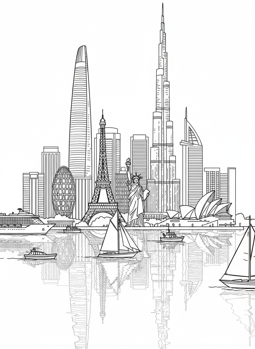 A waterfront city skyline with famous architecture reflected in the water while boats travel through the harbor.