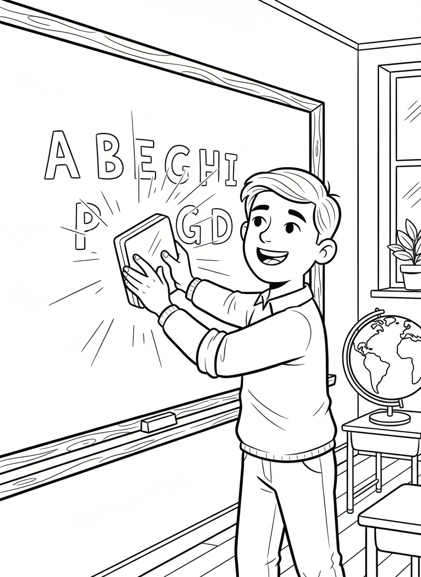 A smiling student erasing a whiteboard with an eraser, alphabet letters visible being cleaned, classroom learning area