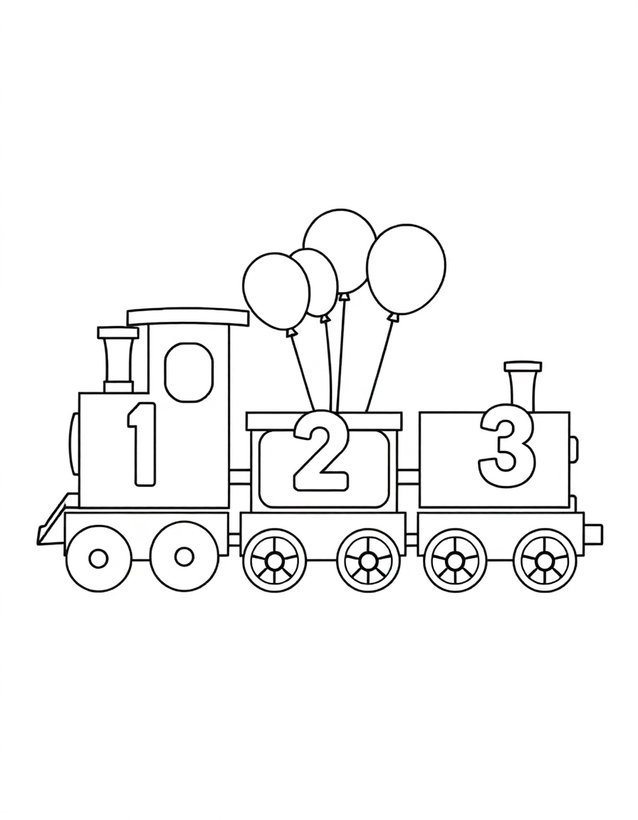 Numbers Train: A train where each car has a big number (1, 2, 3) on the side, carrying different numbers of balloons corresponding to the number.