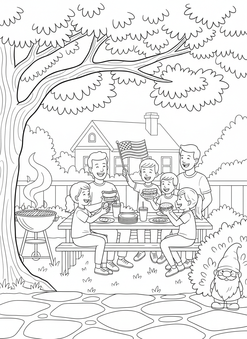 Memorial Day BBQ coloring page prompts highlighting backyard gatherings, grilling traditions, and the start of summer.	A backyard barbecue on Memorial Day with a grill smoking gently, friends and family gathered around picnic tables enjoying warm weather and conversation.