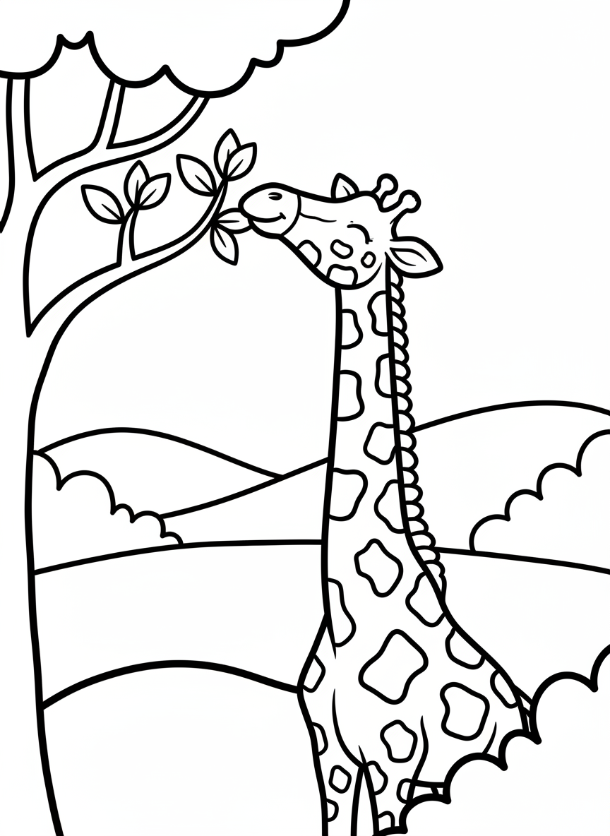 A smiling giraffe with spotted pattern reaching up to eat leaves from a simple tree, soft rounded features in Pottery Barn nursery decor style