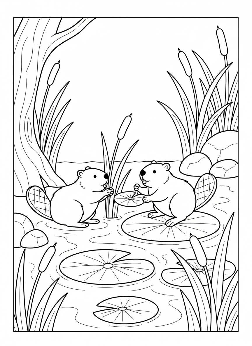 Two baby beavers playing near the water's edge with cattails and lily pads, simple and cute design