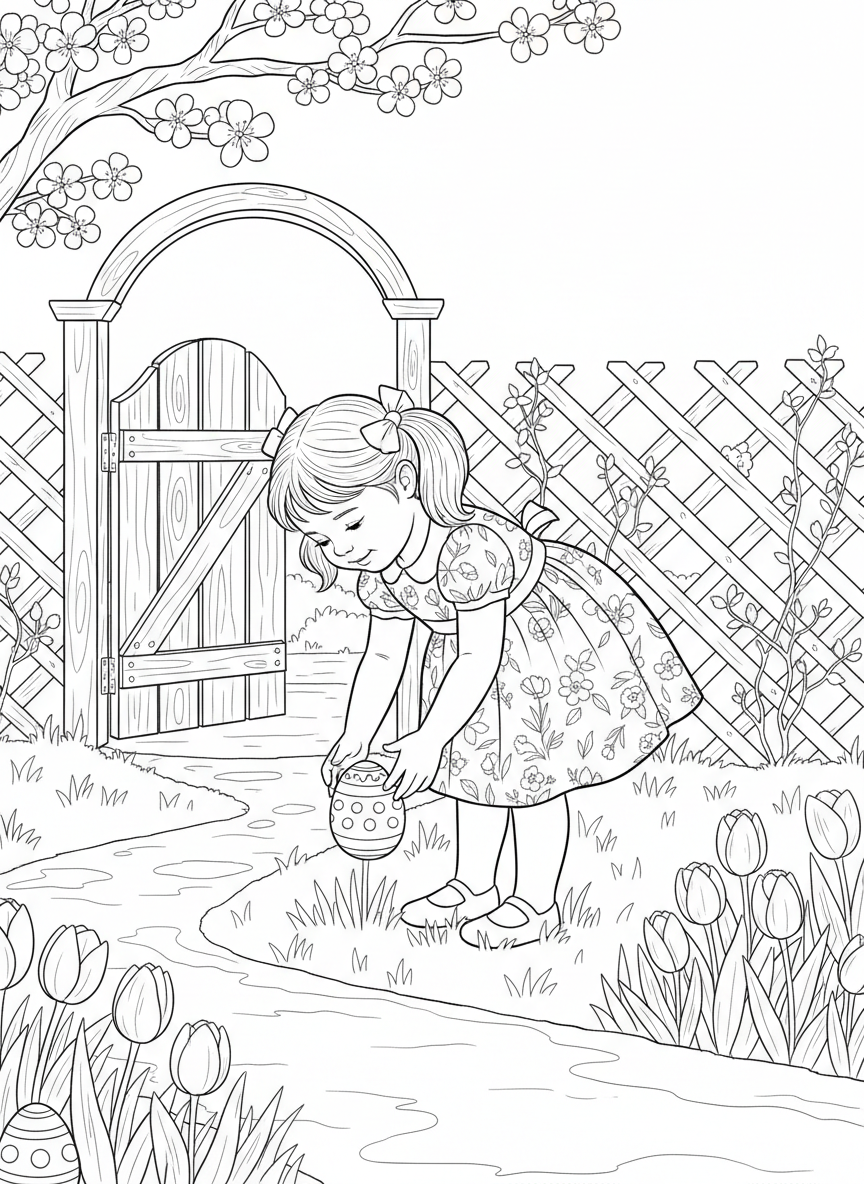 A little girl in a spring dress bending down to pick up an Easter egg near a wooden garden gate.