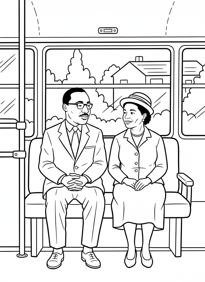 Simple bus scene showing Martin Luther King Jr. talking with Rosa Parks, both sitting peacefully